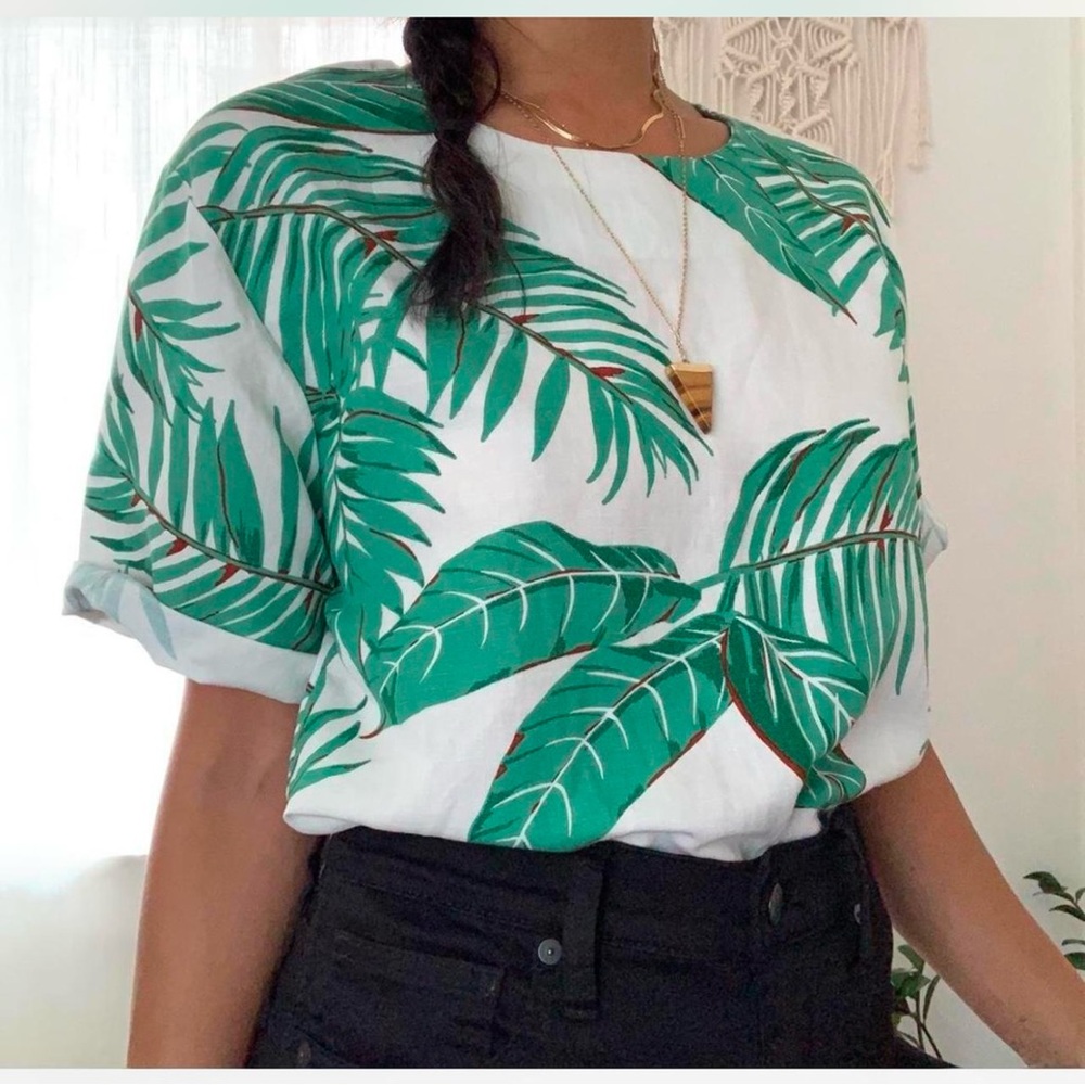Palm leaves linen blouse